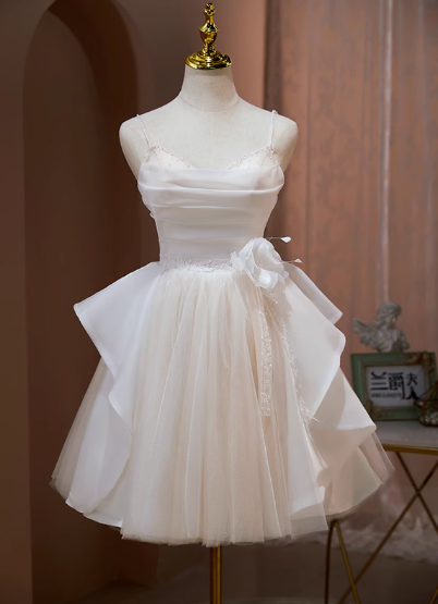 Sweet White Spaghetti Straps A-Line Tulle Short Prom Dresses Homecoming Dresses RF0779