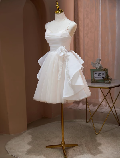 Sweet White Spaghetti Straps A-Line Tulle Short Prom Dresses Homecoming Dresses RF0779