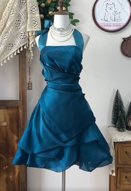 Elegant Teal Halter A-Line Satin Mesh Short Prom Dresses Homecoming Dresses RF0781