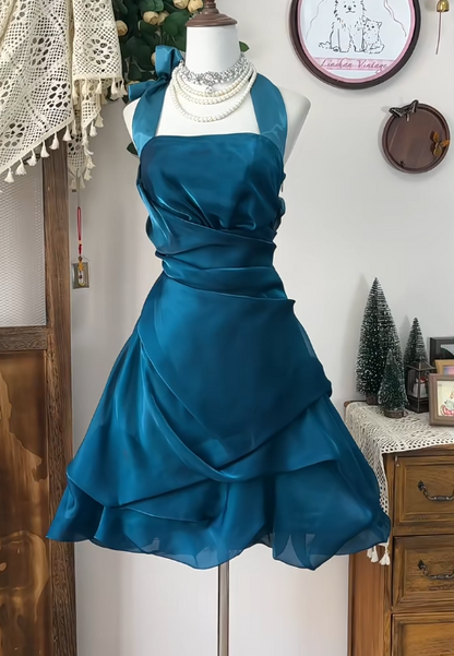 Elegant Teal Halter A-Line Satin Mesh Short Prom Dresses Homecoming Dresses RF0781