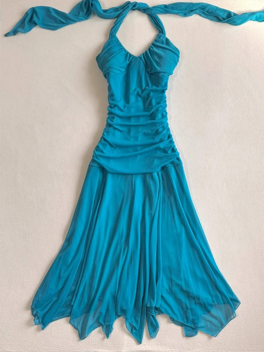 Vintage Blue Halter Mermaid Chiffon Short Prom Dresses Homecoming Dresses RF0782