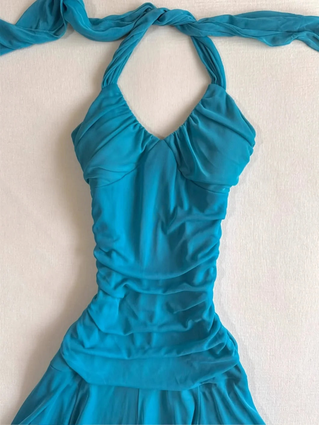 Vintage Blue Halter Mermaid Chiffon Short Prom Dresses Homecoming Dresses RF0782