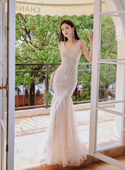 Elegant Silver V Neck Mermaid Sequined Tulle Long Prom Dresses Formal Evening Gowns RF0787