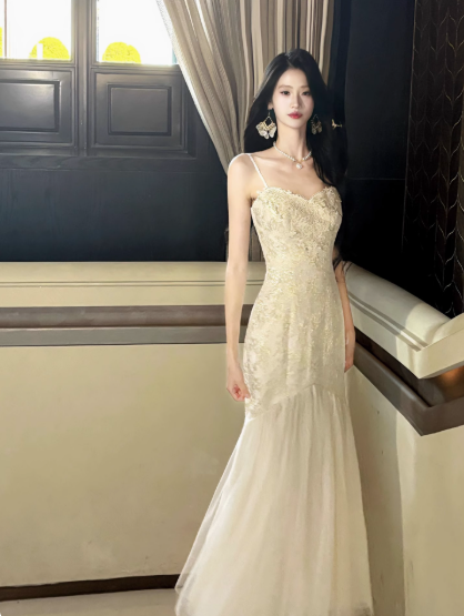 Sweet Apricot Spaghetti Straps Mermaid Jacquard Satin Tulle Long Prom Dresses Formal Evening Gowns RF0788