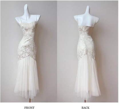 Sweet Apricot Spaghetti Straps Mermaid Jacquard Satin Tulle Long Prom Dresses Formal Evening Gowns RF0788