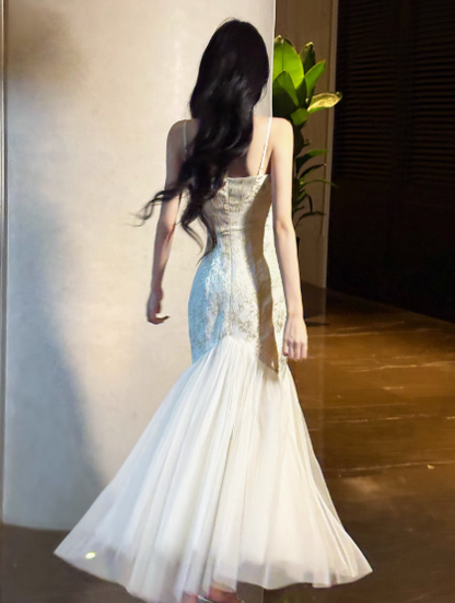 Sweet Apricot Spaghetti Straps Mermaid Jacquard Satin Tulle Long Prom Dresses Formal Evening Gowns RF0788