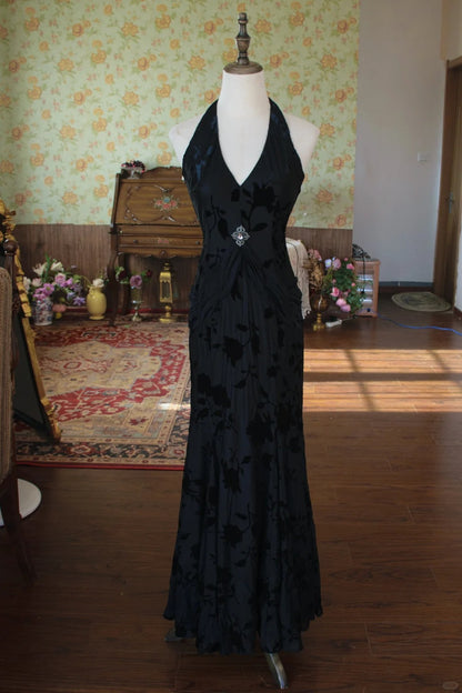 Vintage Black V-neck Mermaid Jacquard Satin Long Prom Dresses Formal Evening Gowns with Open Back RF0789