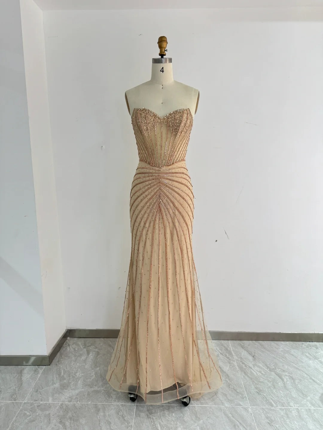 Fashion Gold Strapless Mermaid Tulle Long Prom Dresses Formal Evening Gowns with Beading RF0790