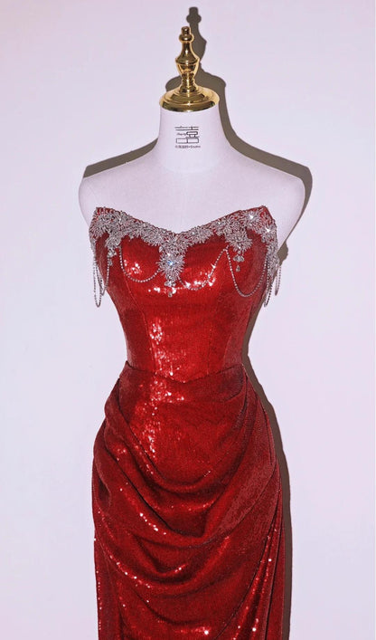 Gorgeous Burgundy Strapless Sheath Sequins Long Prom Dresses Formal Evening Gowns RF0791
