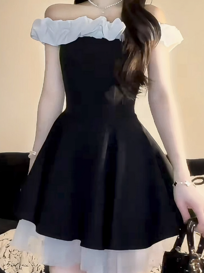 Elegant French Off-shoulder Black A-Line Dress RF0792