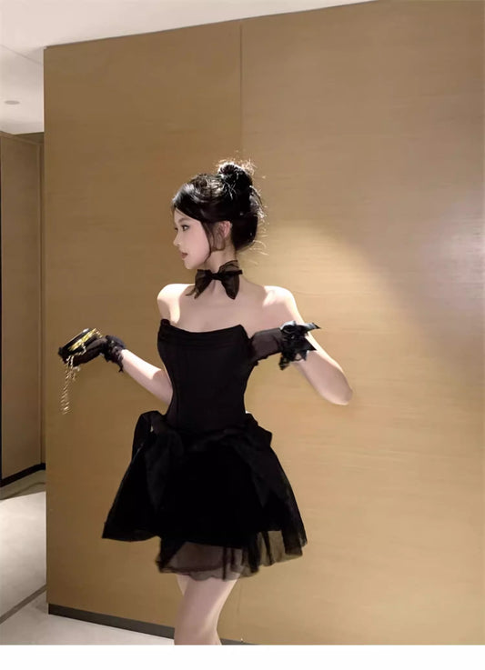 Sexy Black Strapless A-Line Tulle Satin Short Prom Dresses Homecoming Dresses RF0796