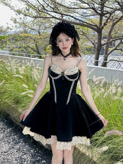 Sweet Black Spaghetti Straps A-Line Lace Satin Short Prom Dresses Homecoming Dresses  RF0797