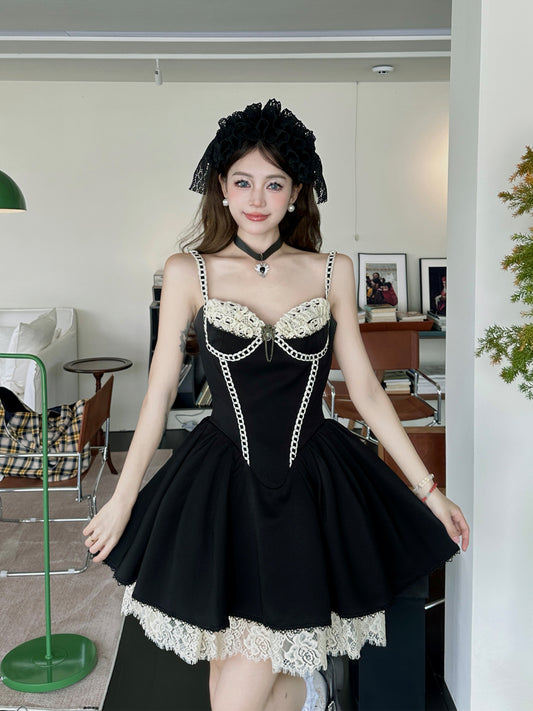 Sweet Black Spaghetti Straps A-Line Lace Satin Short Prom Dresses Homecoming Dresses  RF0797