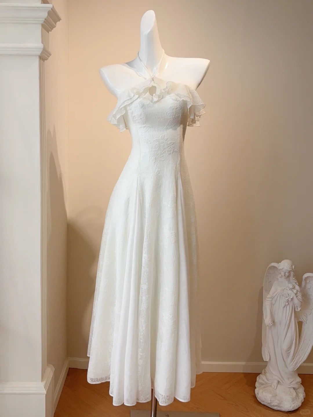 Glam White Halter A-Line Chiffon Lace Short Prom Dresses Birthday Evening Dress RF0799