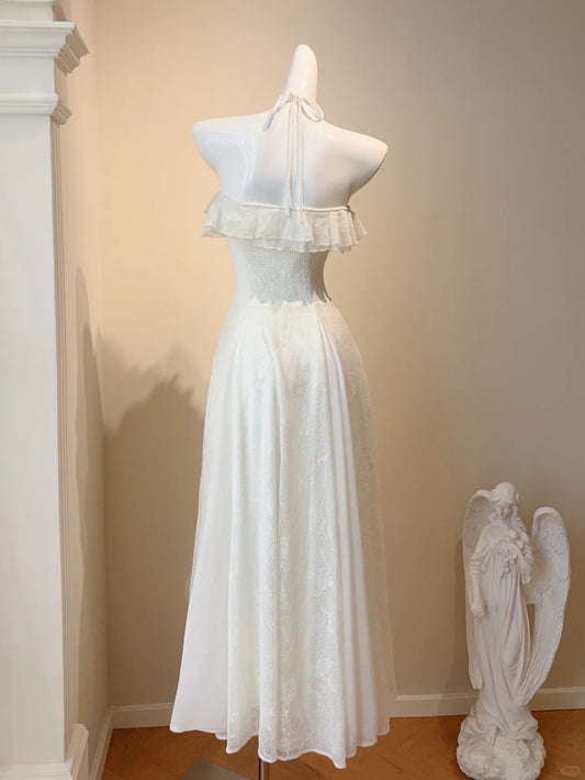 Glam White Halter A-Line Chiffon Lace Short Prom Dresses Birthday Evening Dress RF0799