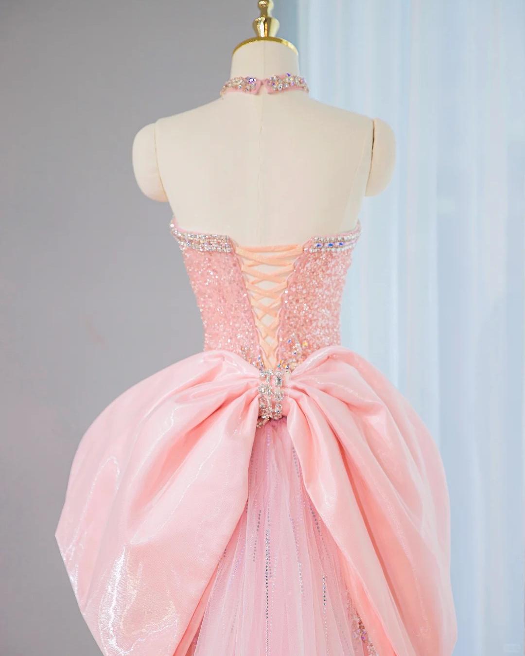Sweet Strapless Pink Mermaid Beaded Tulle Long Prom Dresses Formal Evening Dress with Bow RF0800