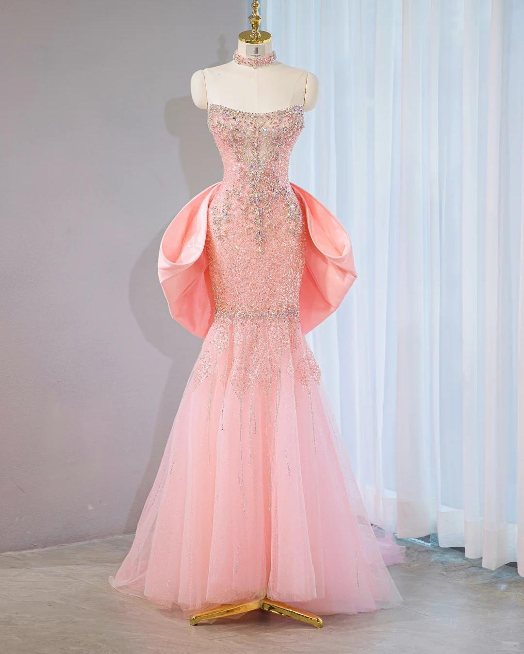 Sweet Strapless Pink Mermaid Beaded Tulle Long Prom Dresses Formal Evening Dress with Bow RF0800