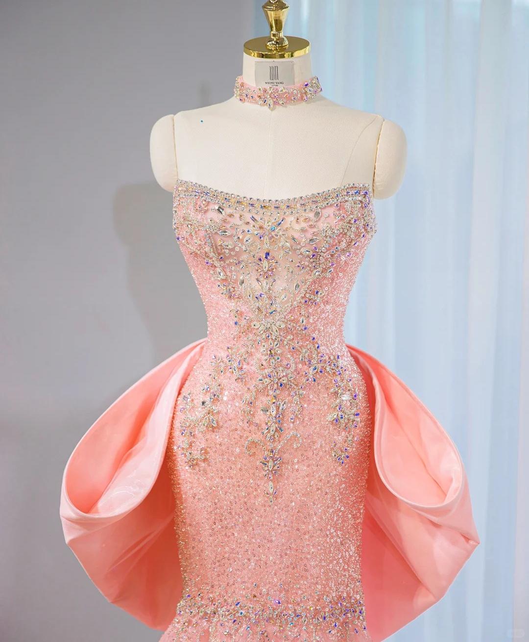 Sweet Strapless Pink Mermaid Beaded Tulle Long Prom Dresses Formal Evening Dress with Bow RF0800