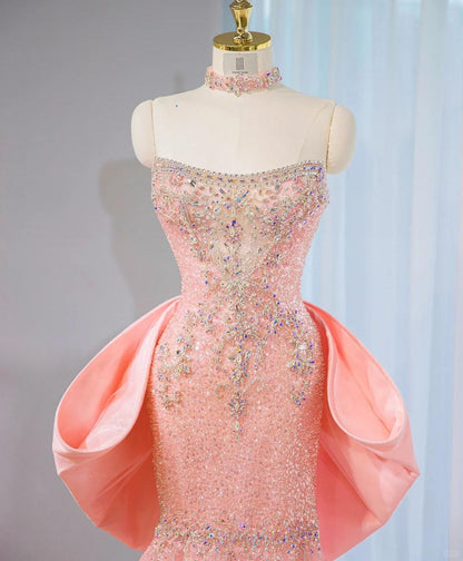 Sweet Strapless Pink Mermaid Beaded Tulle Long Prom Dresses Formal Evening Dress with Bow RF0800