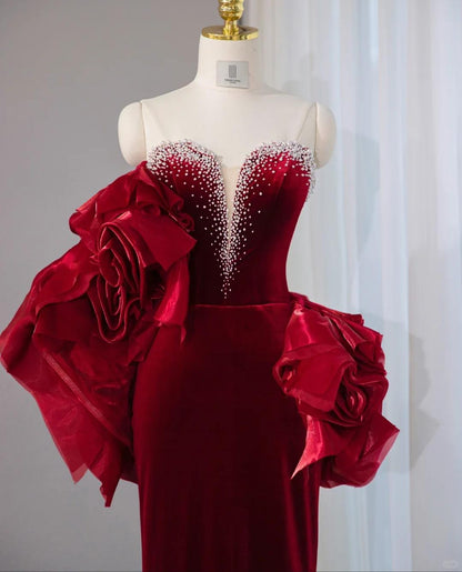 Elegant Burgundy Sweetheart Neck Mermaid Satin Long Prom Dresses Formal Evening Dresses RF0801