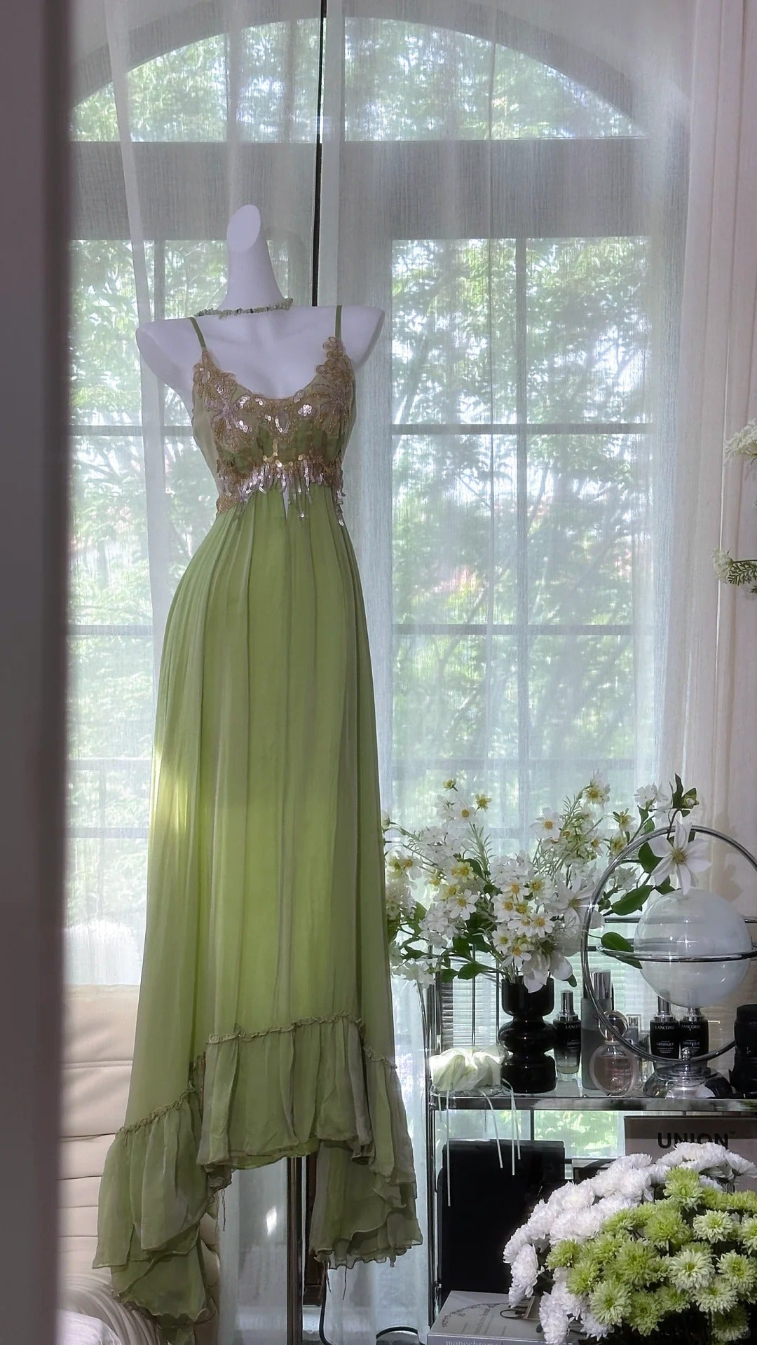 Sweet Retro Green Spaghetti Straps A-Line Chiffon Sequins Long Prom Dresses Birthday Evening Gowns RF0802