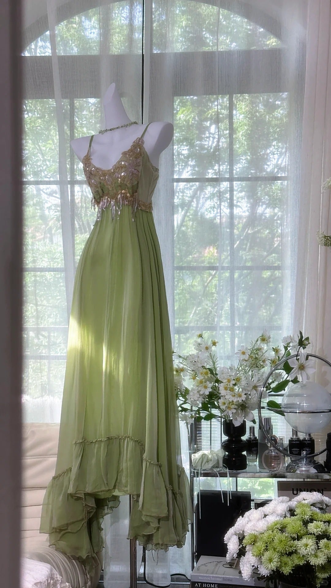 Sweet Retro Green Spaghetti Straps A-Line Chiffon Sequins Long Prom Dresses Birthday Evening Gowns RF0802