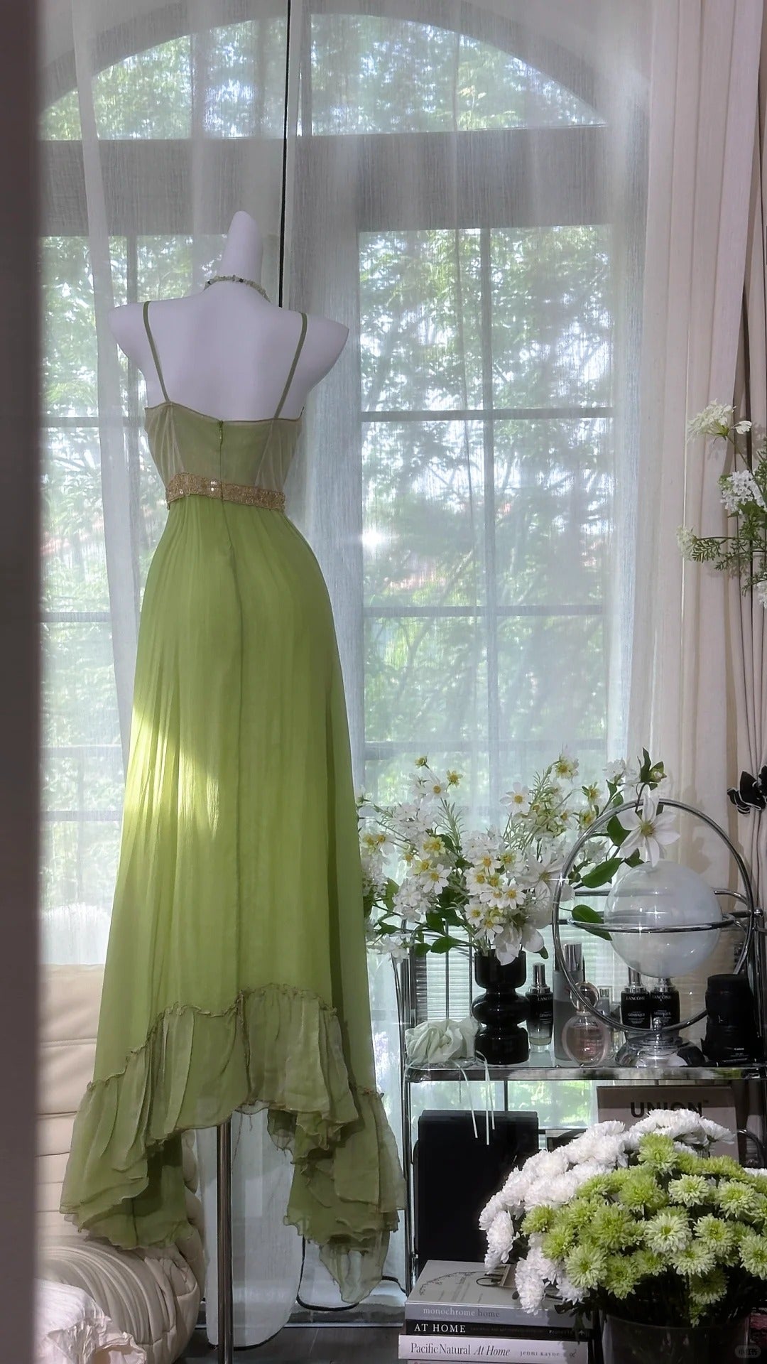 Sweet Retro Green Spaghetti Straps A-Line Chiffon Sequins Long Prom Dresses Birthday Evening Gowns RF0802
