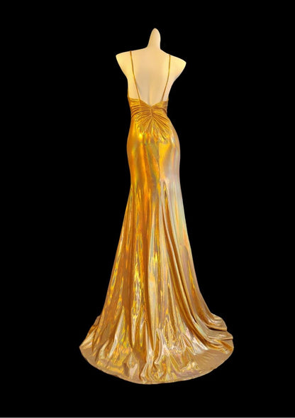 Elegant Gold Spaghetti Straps Mermaid Satin Long Prom Dresses Formal Evening Dresses RF0803