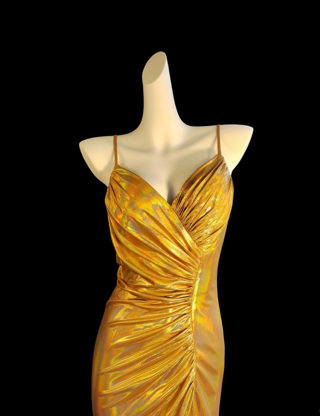 Elegant Gold Spaghetti Straps Mermaid Satin Long Prom Dresses Formal Evening Dresses RF0803