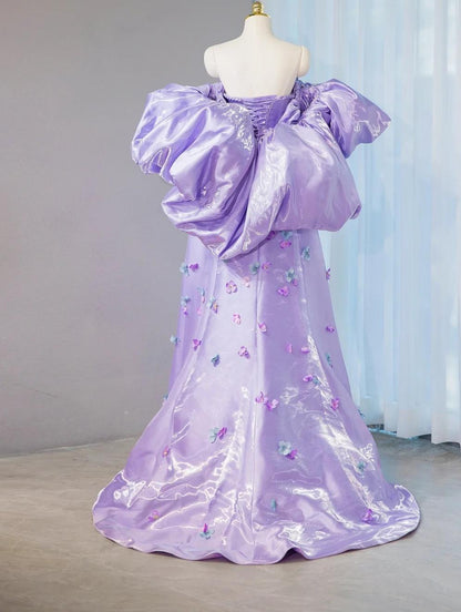 Gorgeous Purple Strapless A-Line Satin Long Prom Dresses Formal Evening Gown with Appliques RF0804