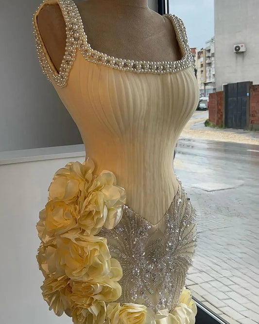 Gorgeous Butter Yellow Square Neck Bodycon Chiffon Beading Short Prom Dresses Homecoming Dresses with Appliques RF0806
