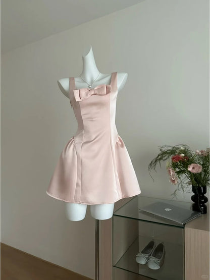 Sweet Pink Square Neck A-Line Satin Short Prom Dresses Homecoming Dresses with Bow RF0807