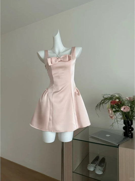 Sweet Pink Square Neck A-Line Satin Short Prom Dresses Homecoming Dresses with Bow RF0807