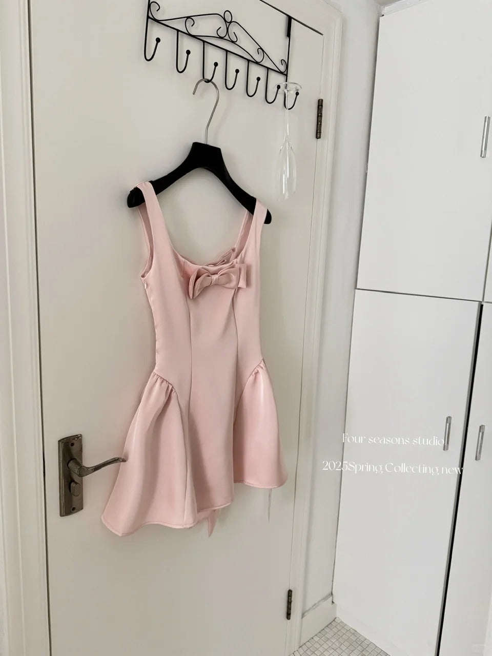 Sweet Pink Square Neck A-Line Satin Short Prom Dresses Homecoming Dresses with Bow RF0807