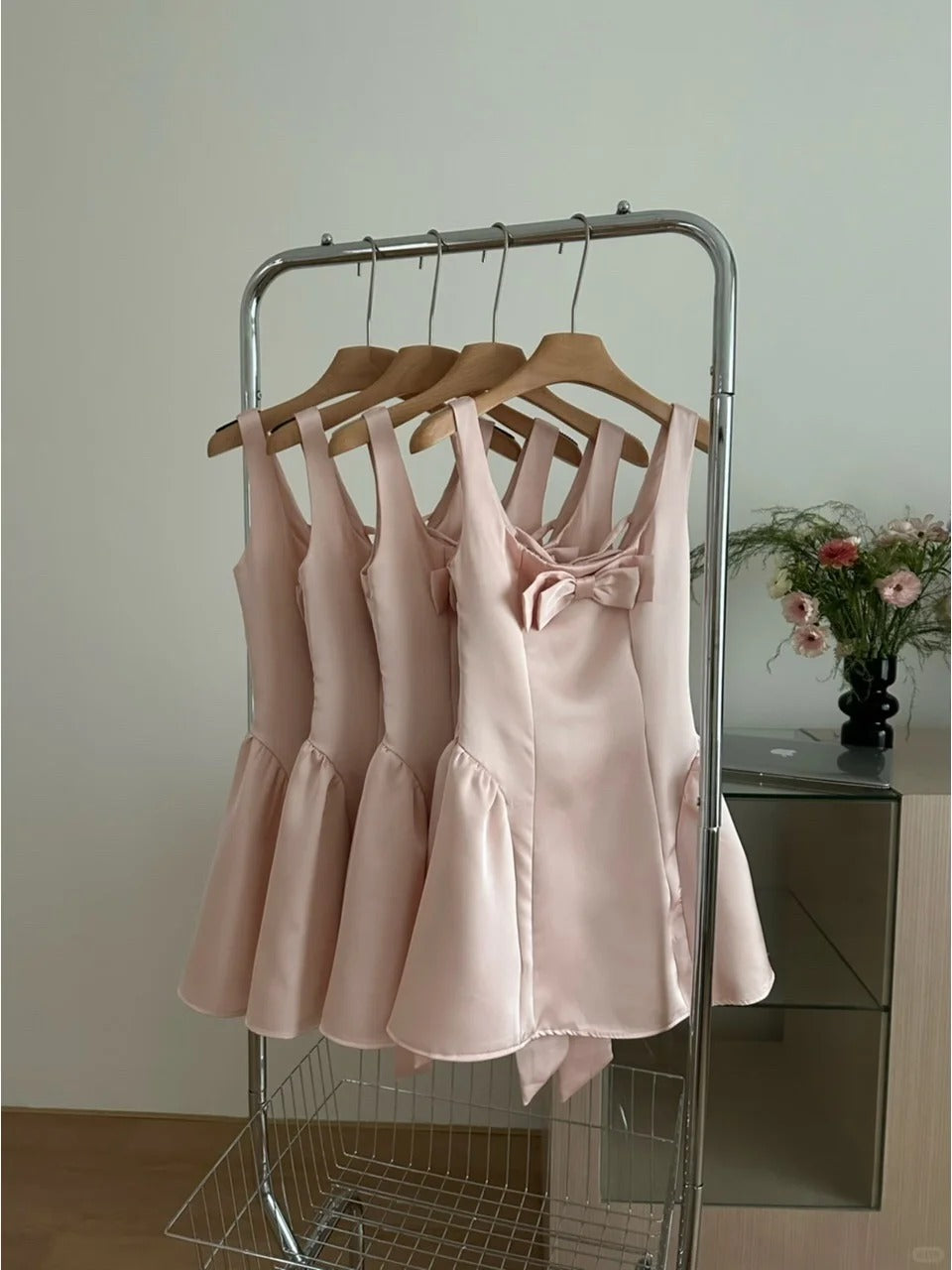 Sweet Pink Square Neck A-Line Satin Short Prom Dresses Homecoming Dresses with Bow RF0807