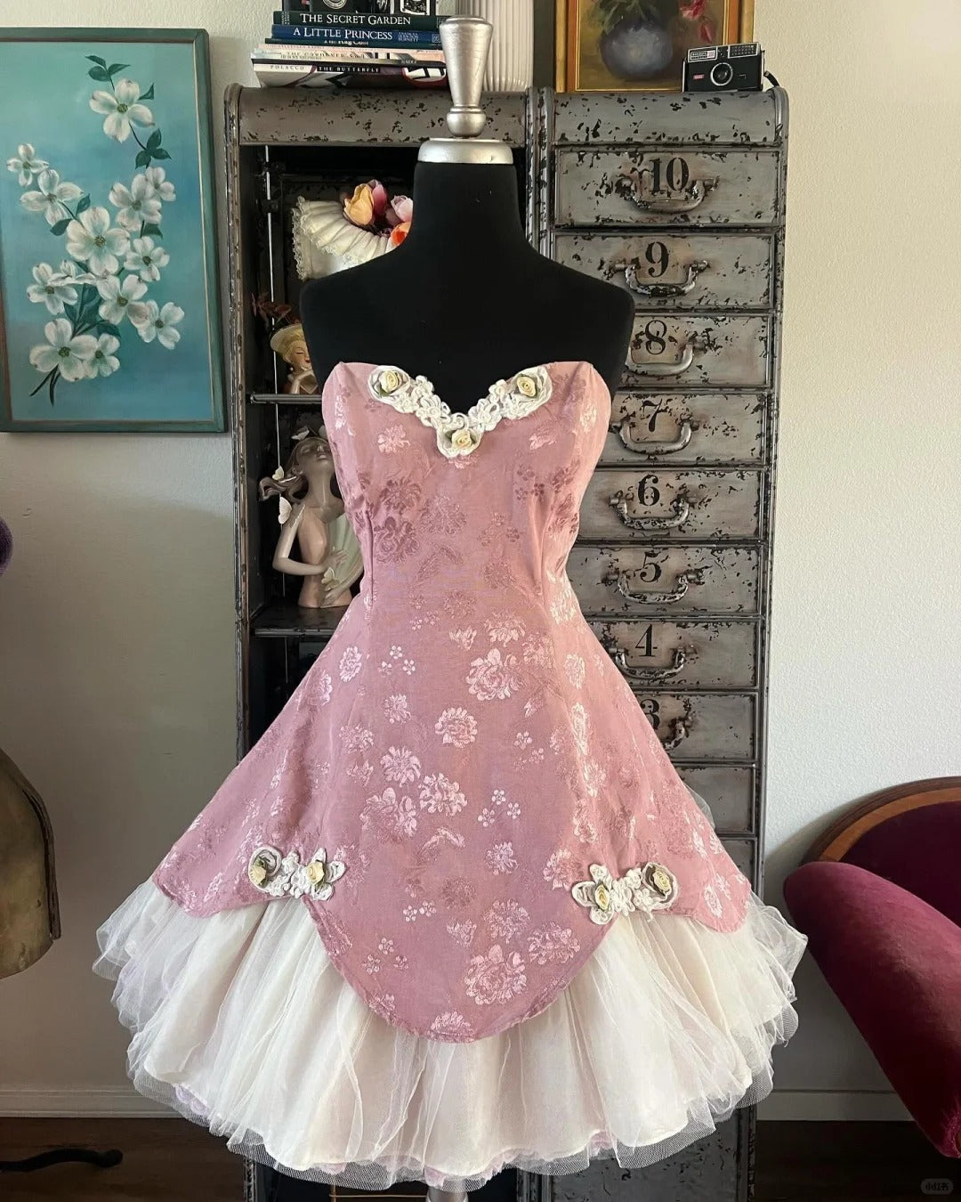 Vintage Pink Sweetheart Neck A-Line Jacquard Satin Tulle Short Prom Dresses Homecoming Dresses RF0808