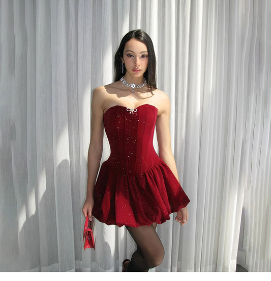 Gorgeous Burgundy Glitter Satin Strapless A-Line Party Dresses RF0811