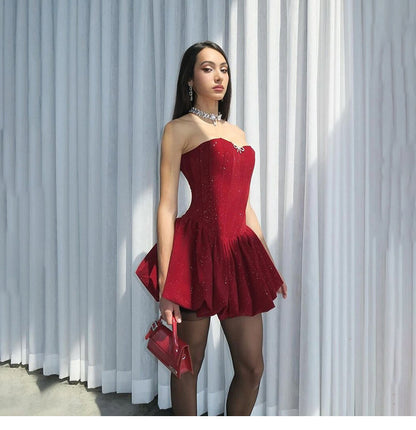 Gorgeous Burgundy Glitter Satin Strapless A-Line Party Dresses RF0811