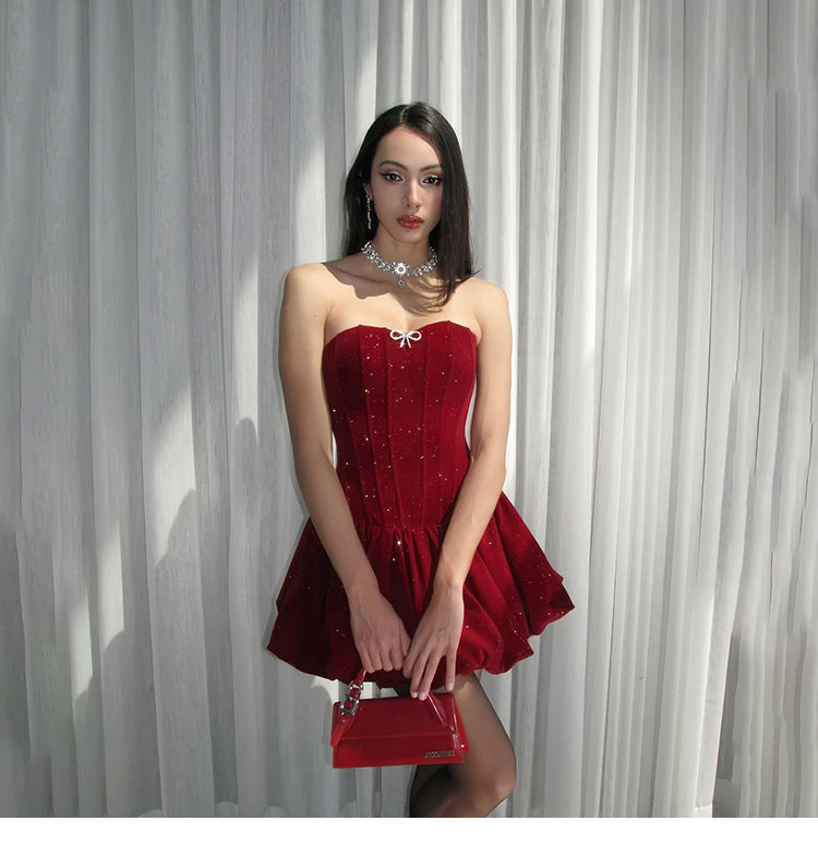 Gorgeous Burgundy Glitter Satin Strapless A-Line Party Dresses RF0811