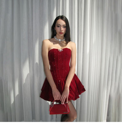Gorgeous Burgundy Glitter Satin Strapless A-Line Party Dresses RF0811