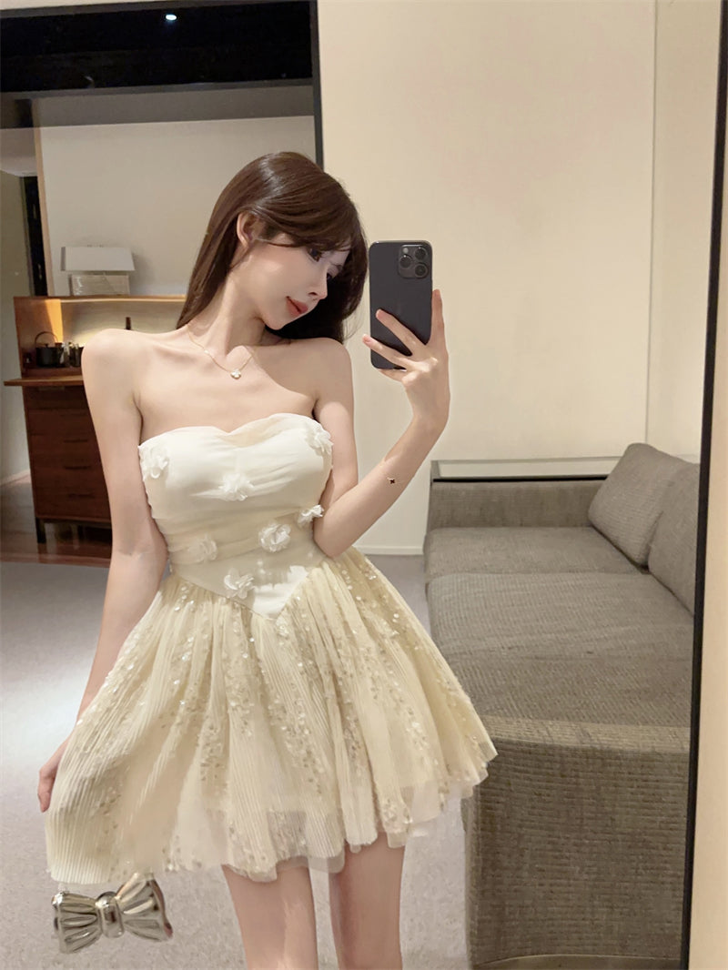 Sweet Apricot Strapless A-Line Tulle Sequin Short Birthday Dresses RF0813