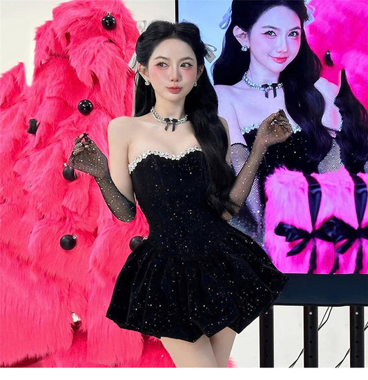 Elegant Black Glitter Satin Strapless A-Line Short Party Dresses RF0814