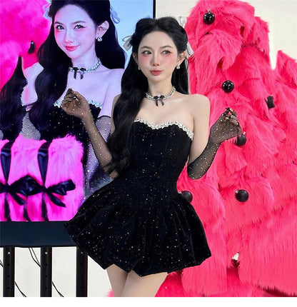 Elegant Black Glitter Satin Strapless A-Line Short Party Dresses RF0814