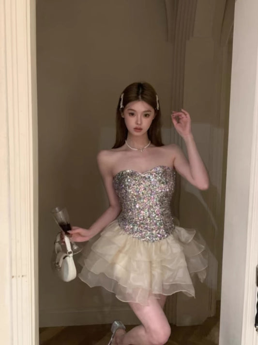 Gorgeous Sequin Strapless A-Line Tulle Short Birthday Party Dresses RF0815