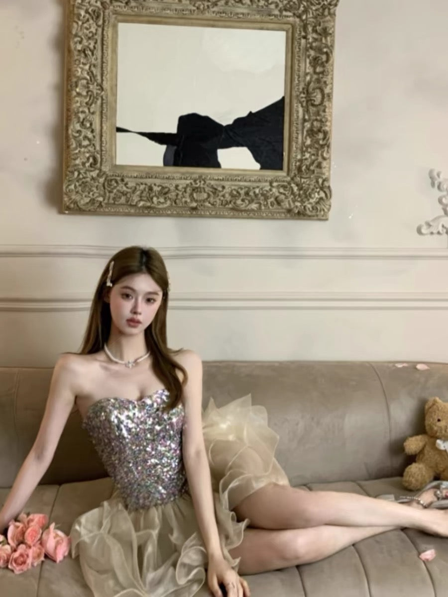 Gorgeous Sequin Strapless A-Line Tulle Short Birthday Party Dresses RF0815