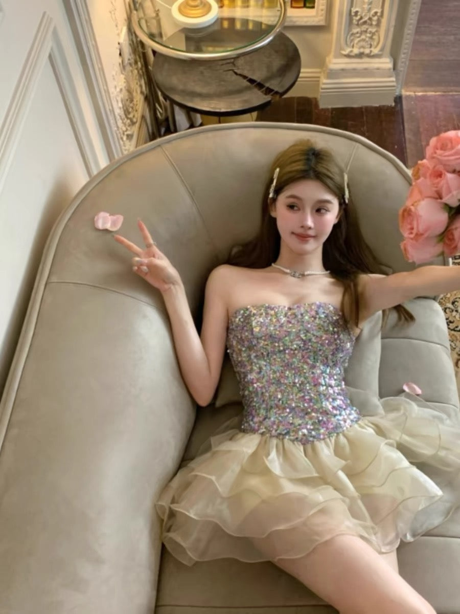 Gorgeous Sequin Strapless A-Line Tulle Short Birthday Party Dresses RF0815