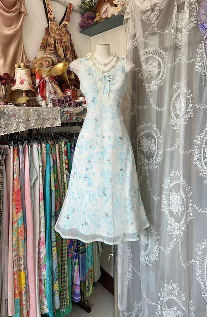 Elegant Blue V-neck Printed Chiffon Sheath Short Party Dresses RF0816