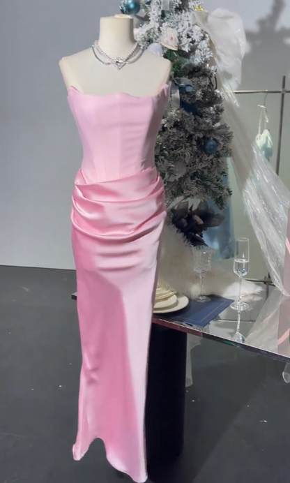 Elegant Pink Strapless Sheath Satin Long Prom Dresses Formal Evening Gowns RF0822