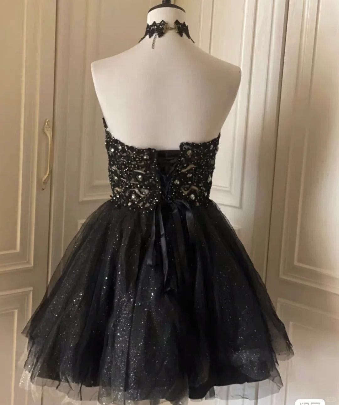 Vintage Black Strapless A-Line Tulle Beaded Short Prom Dresses Homecoming Dresses RF0823