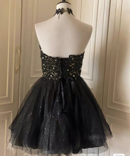 Vintage Black Strapless A-Line Tulle Beaded Short Prom Dresses Homecoming Dresses RF0823